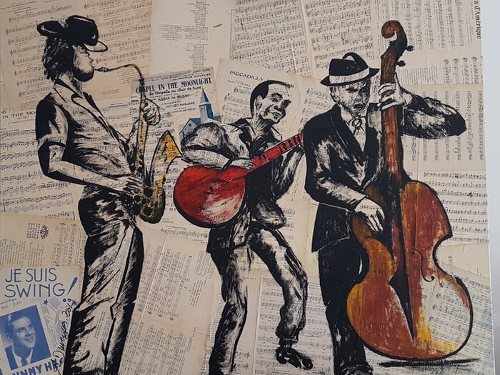 peinture JAZZ Collage de partitions anciennes Jazz sur toile, acrylique, pinceau