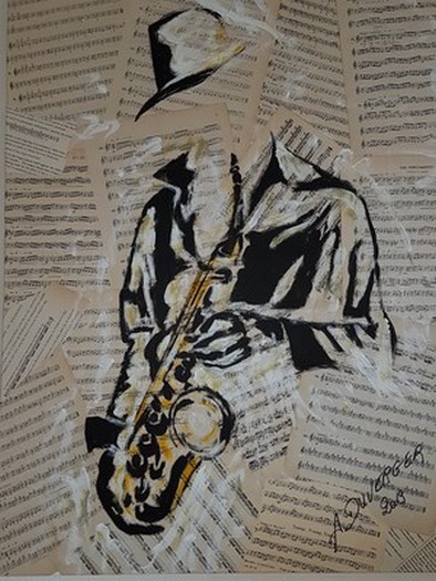 peinture LE SAXOPHONISTE Collage de partitions anciennes Jazz sur toile, acrylique, pinceau